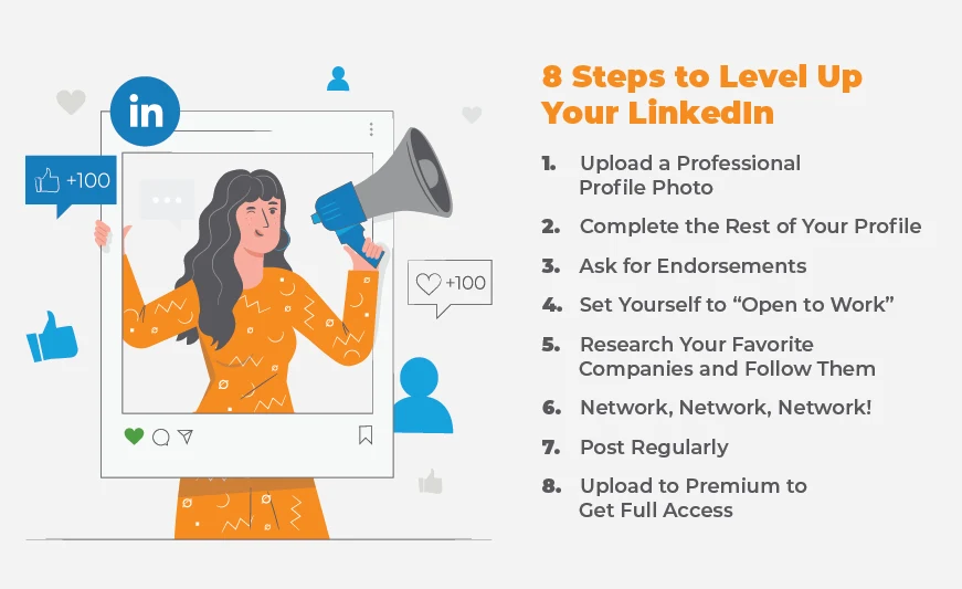 An illustration of the 8 steps to improving your LinkedIn