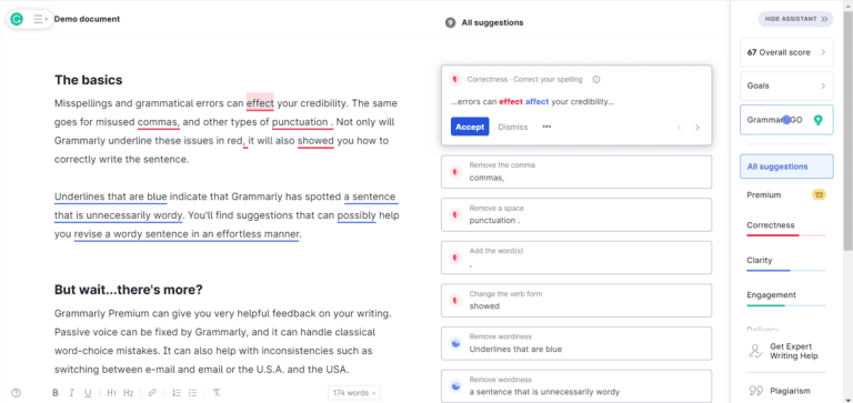 Grammarly AI writing tool checking a written description of Grammarly