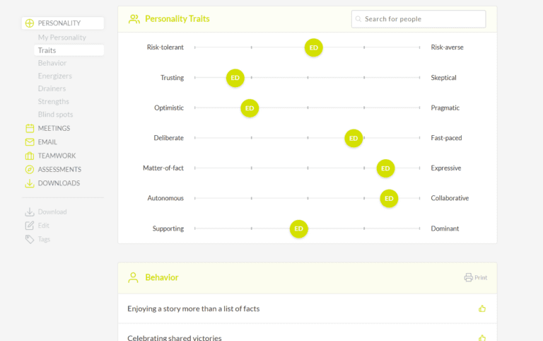 the homepage for a profile on crystal knows, showing a chart of personality traits and behavior predictions great ai tool for HR and sales meeting prep