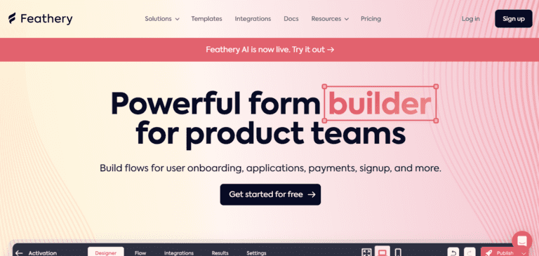 Feathery's homepage with a headline that reads "powerful form builder for product teams" ai tool for website form building capture key customer info