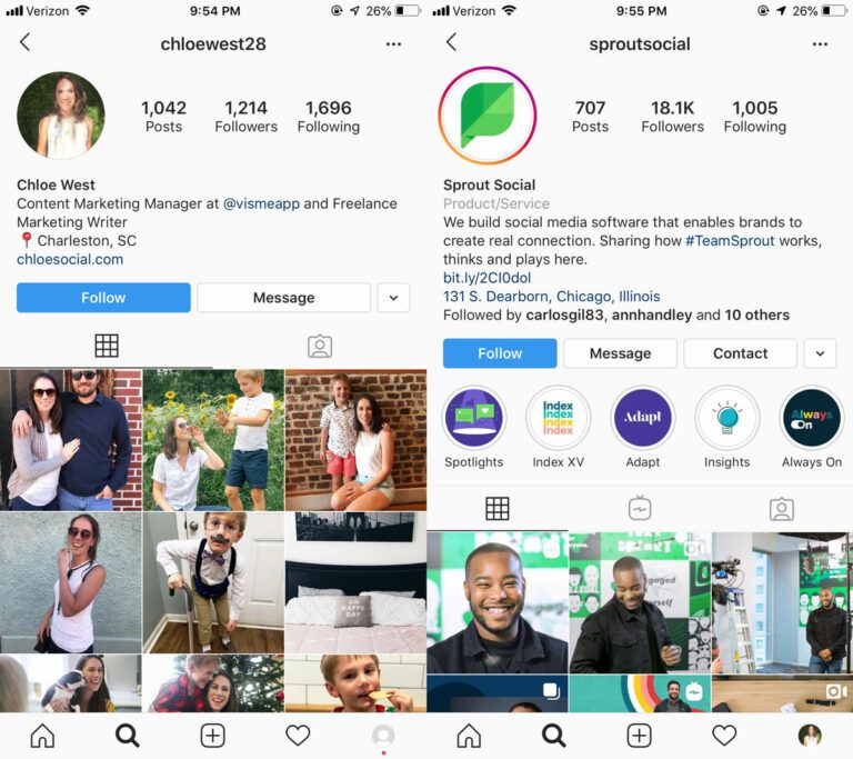 two screenshots of the instagram user interface, one shows a personal profile and the other shows a business profile for sprout social
