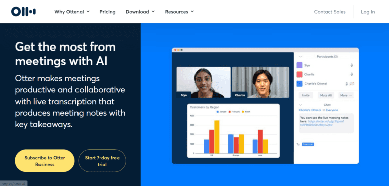a screengrab from otterai's website with a headline reading "get the most from meetings with ai" and a screenshot of otterai being used in a business meeting popular ai meeting tool