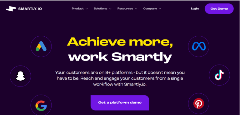 a screenshot of the ai tool, Smartly's homepage with a headline reading "achieve more, work smartly"