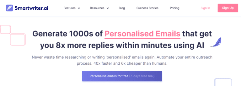 smartwriter.ai's homepage with a header reading - "generate thousands of personalized emails that get you eight times more replies within minutes using ai"