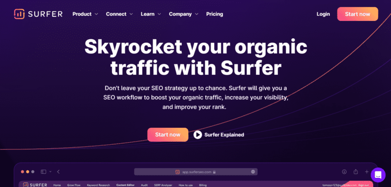 surferseo landing page with a headline reading "skyrocket your organic traffic with surfer" snap shop from popular ai tool